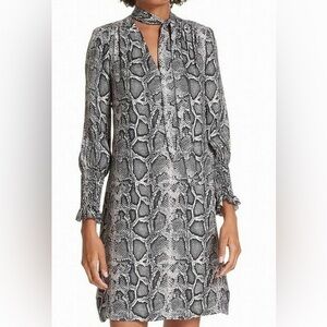 Rebecca Taylor Womens Black Gray Shift Dress 2 Long Sleeve Tie Neck Snake Print